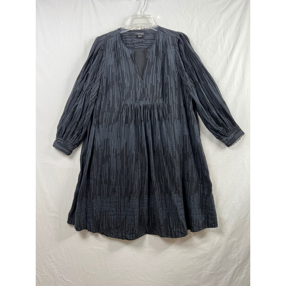 Ann Taylor Shift Dress Women 12 Black Abstract Stripe Crochet Lace Long Sleeve